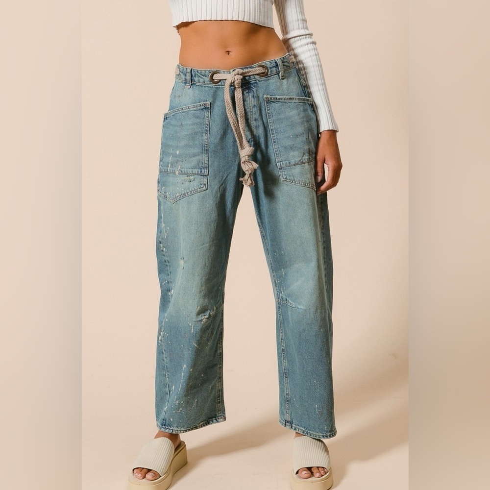 NWT BRAIDED WAIST BELT DRIP PAINTING DETAIL WASHED DENIM PANTS BARREL JEANS - Picture 7 of 14